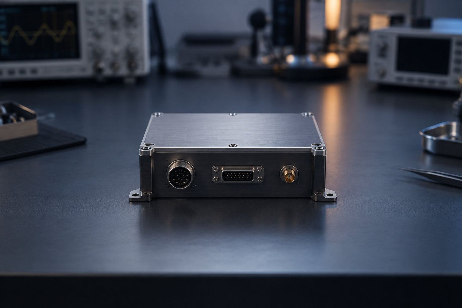 AI-genererad illustration av en fiktiv elektronikmodul på en testbänk.