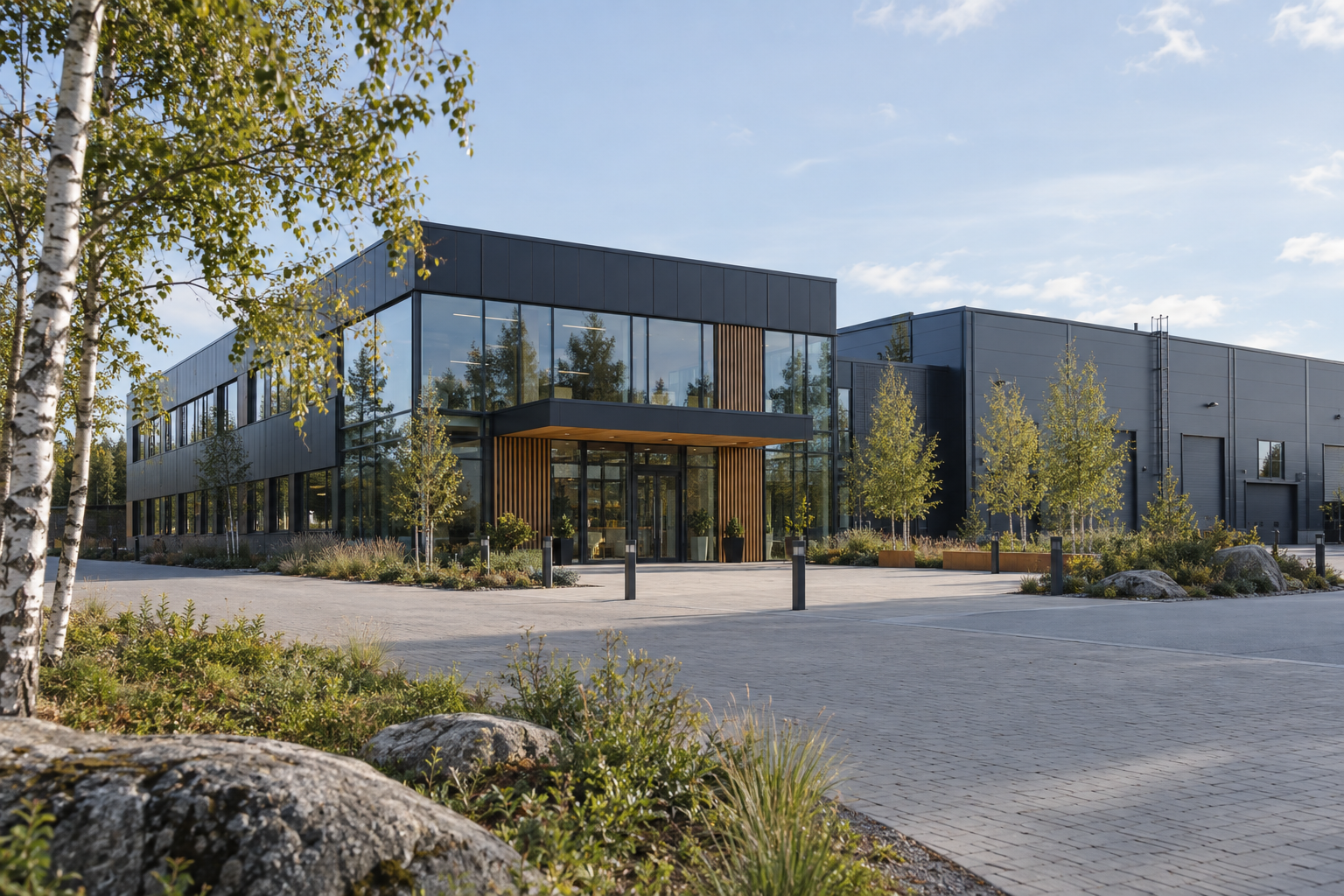 AI-genererad miljöbild av en fiktiv nordisk kontors- och industribyggnad.