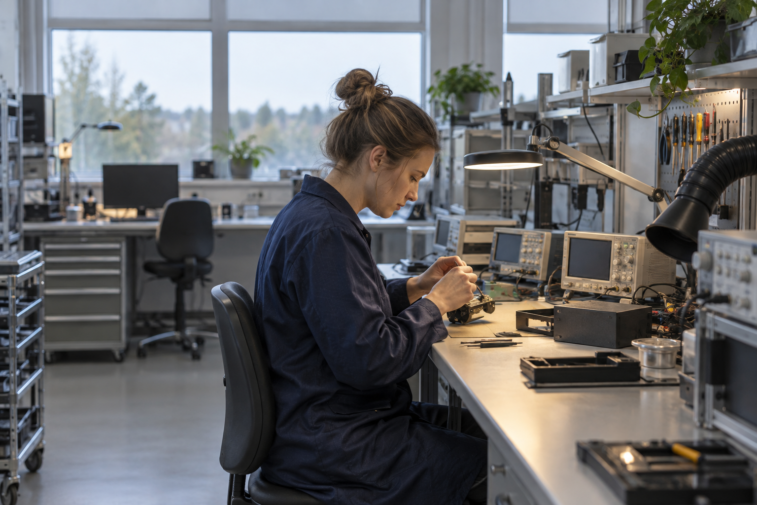 AI-genererad miljöbild av en fiktiv tekniker vid en elektronikbänk.
